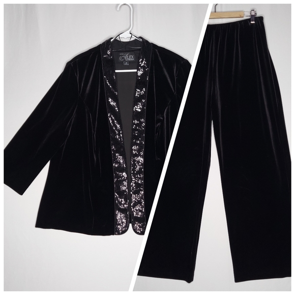 Alex Evenings Pant Suit Set Women 2X Black Velvet Sequin Party Event Wedding - Picture 1 of 16